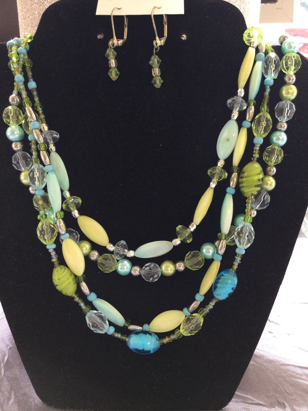 Handmade Multistrand Green & Turquoise Beaded Necklace Set by